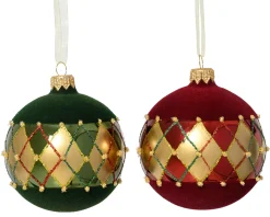 ohgreen Thema Classic|Kerstballen|Kerstbal glas glanzend, flock met ruitjespatroon