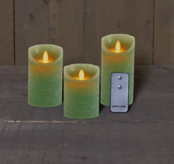 ohgreen Deco Verlichting Binnen|Set van 3 rustieke wax led kaarsen met bewegende vlam jade groen
